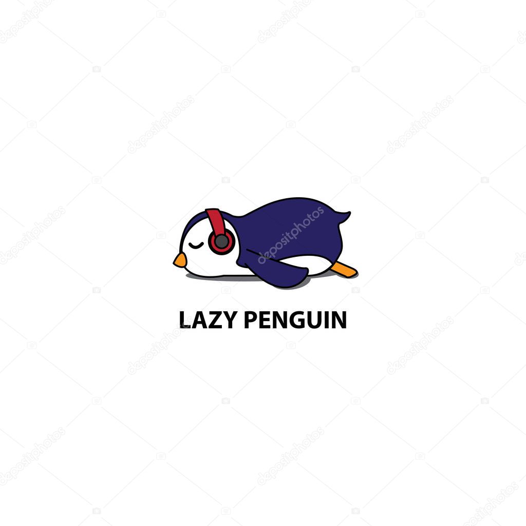 Lazy penguin, cute penguin sleeping with headphones icon, logo design, vector illustration