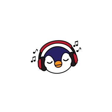 Sevimli penguen karikatür kırmızı kulaklıklar, bebek penguen dinleme müzik simgesini, vektör çizim ile
