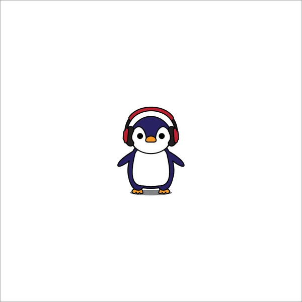 Desenho Animado Bonito Pinguim Com Fones Ouvido Vermelho Ícone Ilustração — Vetor de Stock