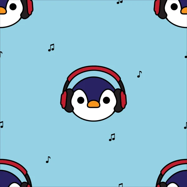 Pinguim Padrão Sem Costura Com Fones Ouvido Vermelhos Nota Música — Vetor de Stock