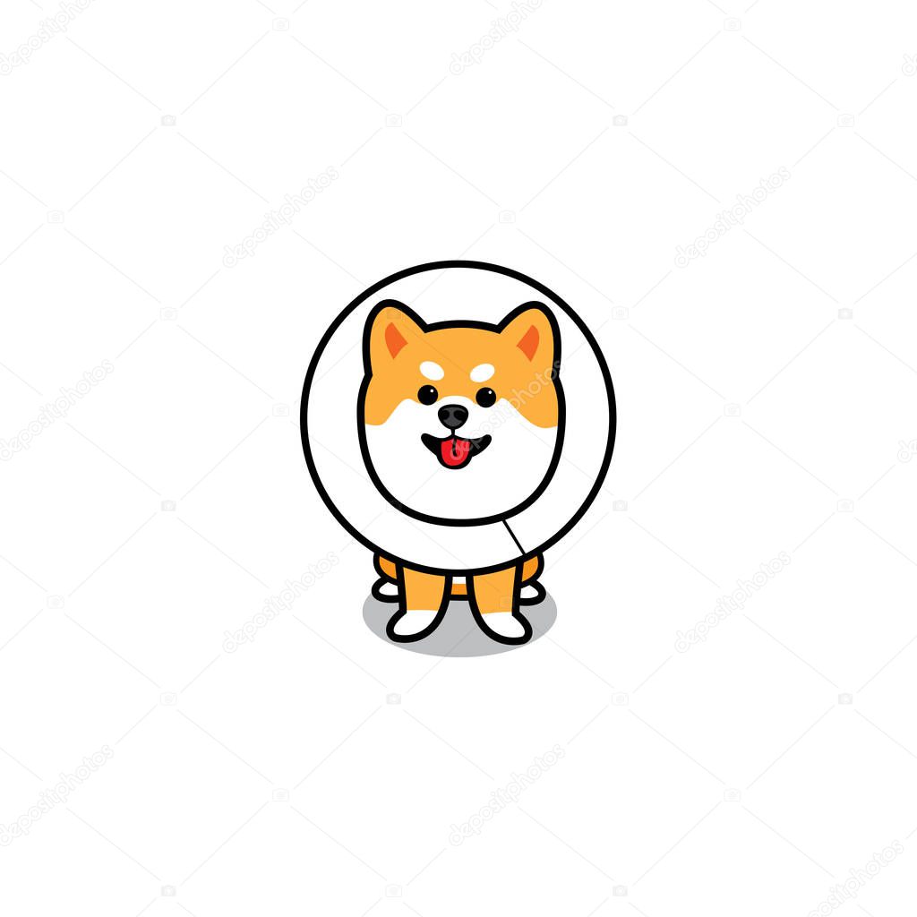 Funny dog wearing elizabethan collar, puppy cartoon icon, vector illustration