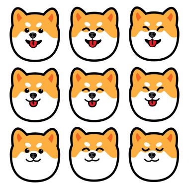 Dog Head'a, şirin shiba Inu duygular simge seti, illüstrasyon vektör