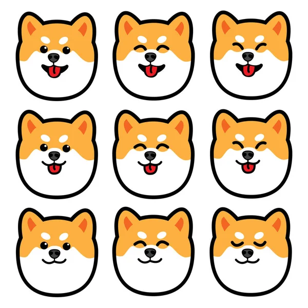 Hond Hoofd Schattig Shiba Inu Emoties Pictogrammenset Vectorillustratie — Stockvector