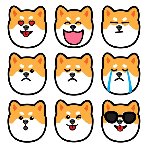 Hond Hoofd Schattig Shiba Inu Emoties Pictogrammenset Vectorillustratie — Stockvector