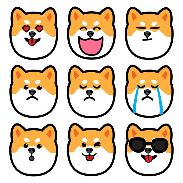 dog head, cute shiba inu emotions icon set, vector illustration