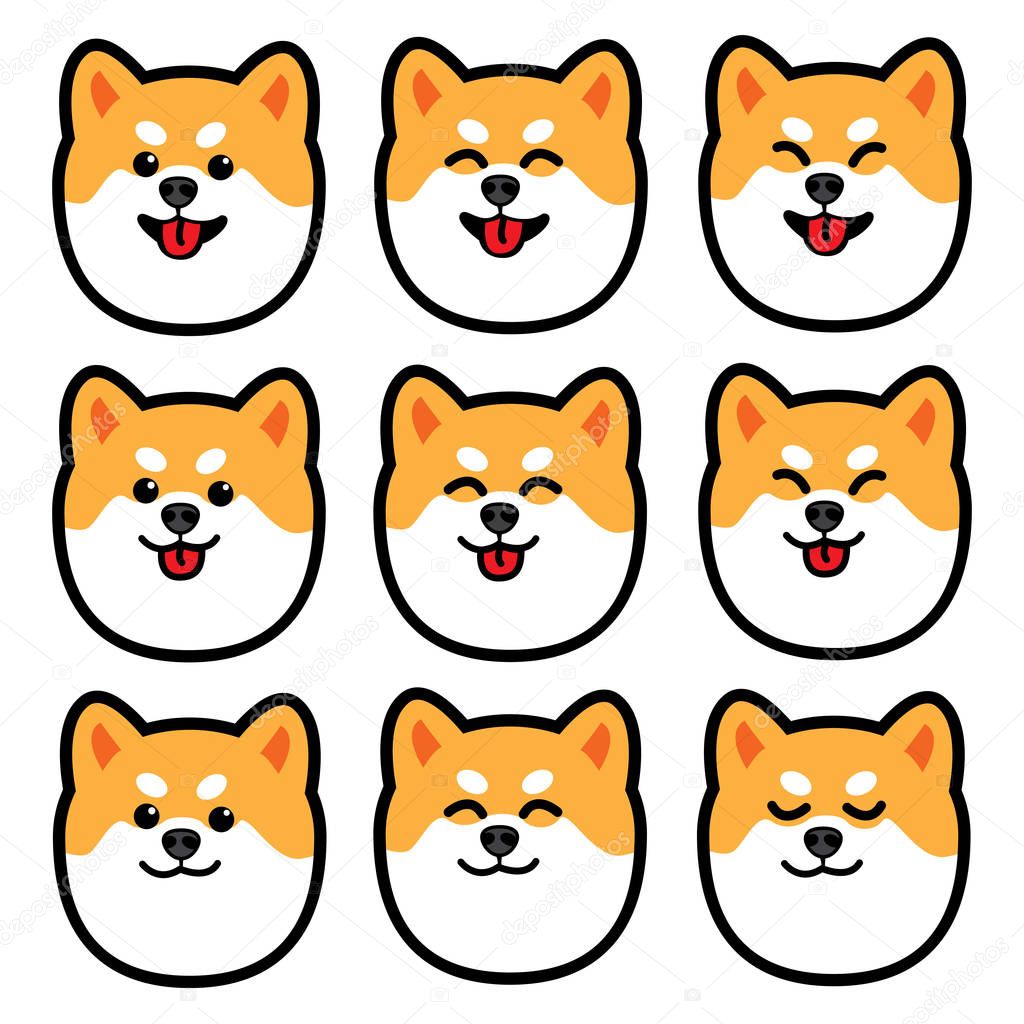 Dog head, cute shiba inu emotions icon set, vector illustration