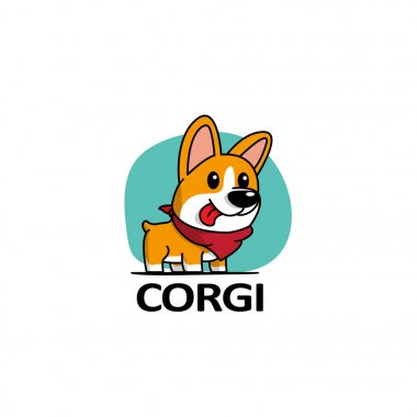 Karikatür şirin Galce corgi köpek kırmızı eşarp simgesi, logo tasarımı, vektör çizim ile