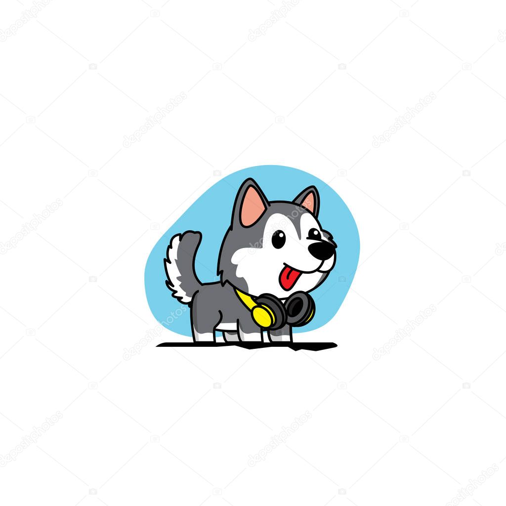 Cute siberian husky puppy with yellow headphones icon, logo design, vector illustration