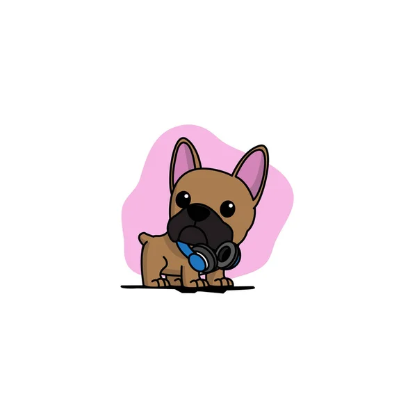 Cute French Bulldog Puppy Blue Headphones Neck Icon Logo Design — Stock Vector