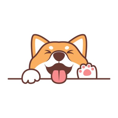 Komik shiba inu köpek pençeleri duvarın üzerinde, köpek suratlı çizgi film, vektör illüstrasyonu