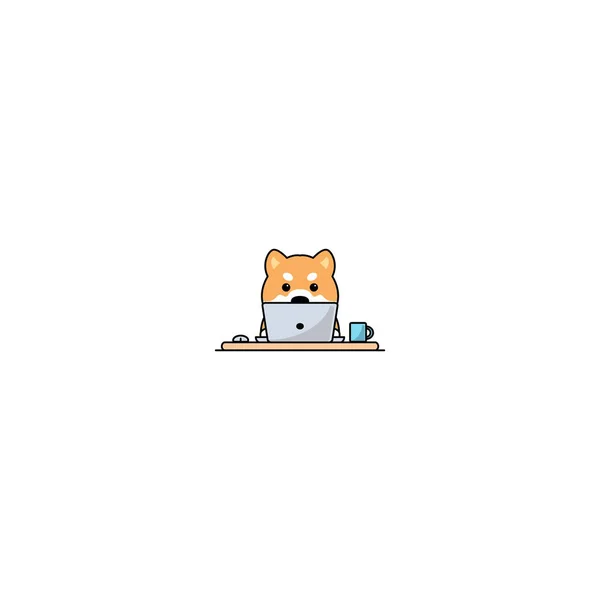 Cute Shiba Inu Dog Working Laptop Vector Illustration — Stock Vector