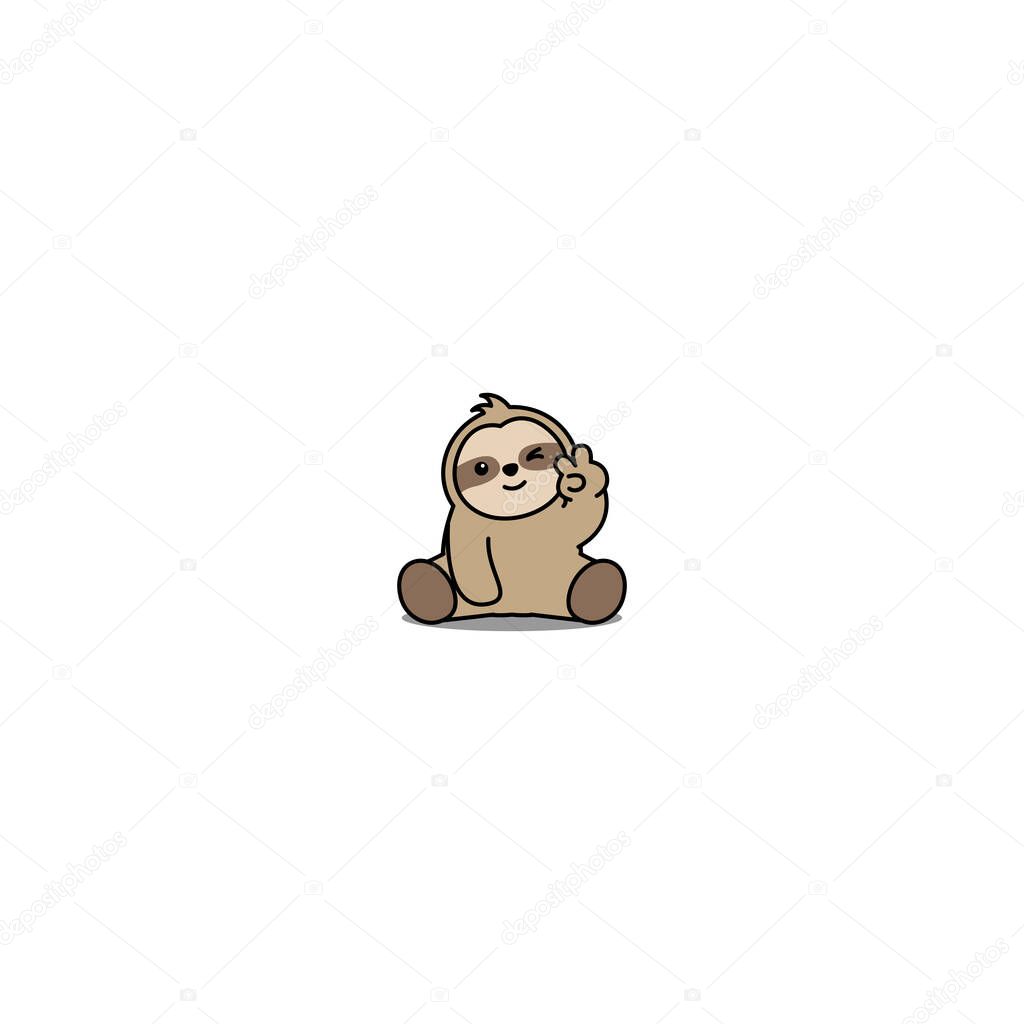 Cute sloth showing V sign hand and winking eye cartoon icon, vector illustration