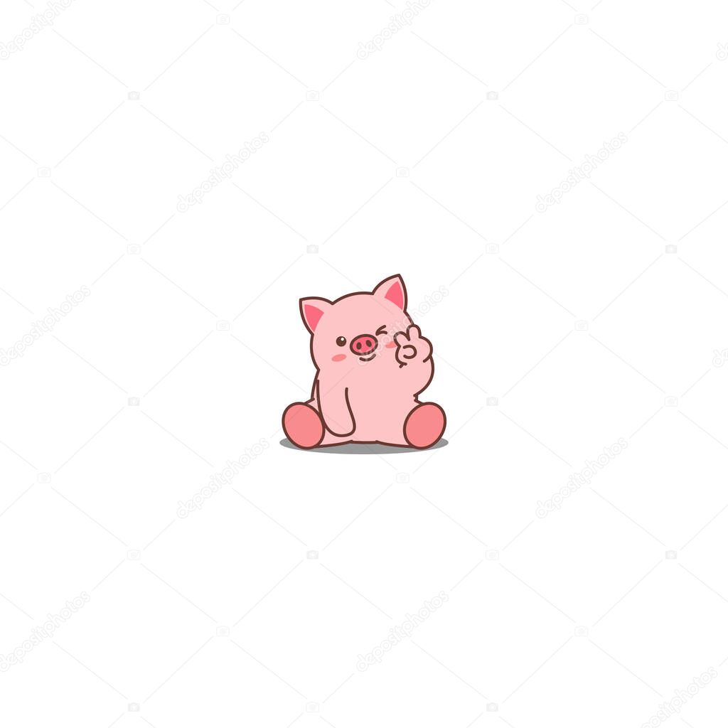 Cute pig showing V sign hand and winking eye cartoon icon, vector illustration