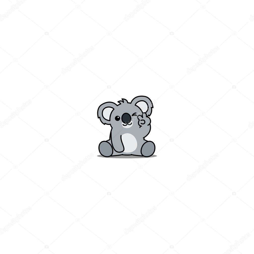 Cute koala showing V sign hand and winking eye cartoon icon, vector illustration
