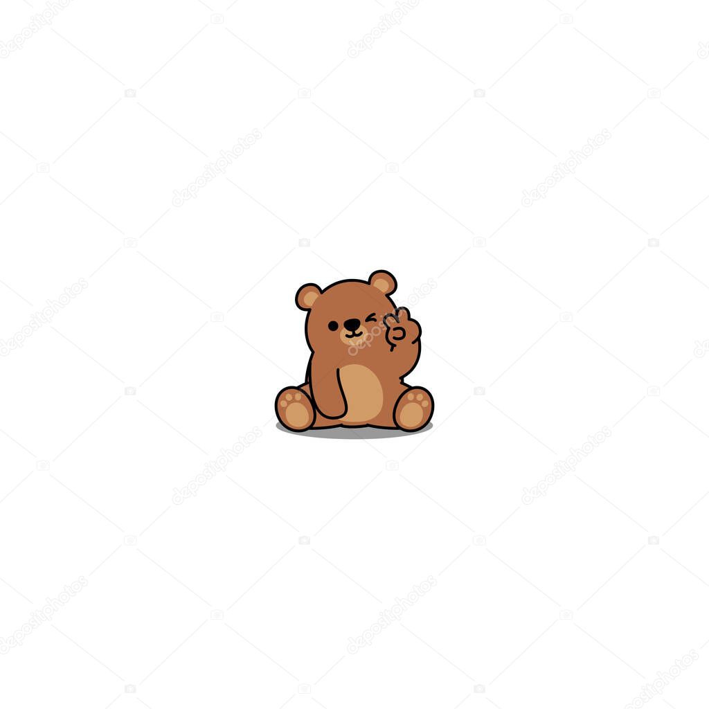 Cute bear showing V sign hand and winking eye cartoon icon, vector illustration