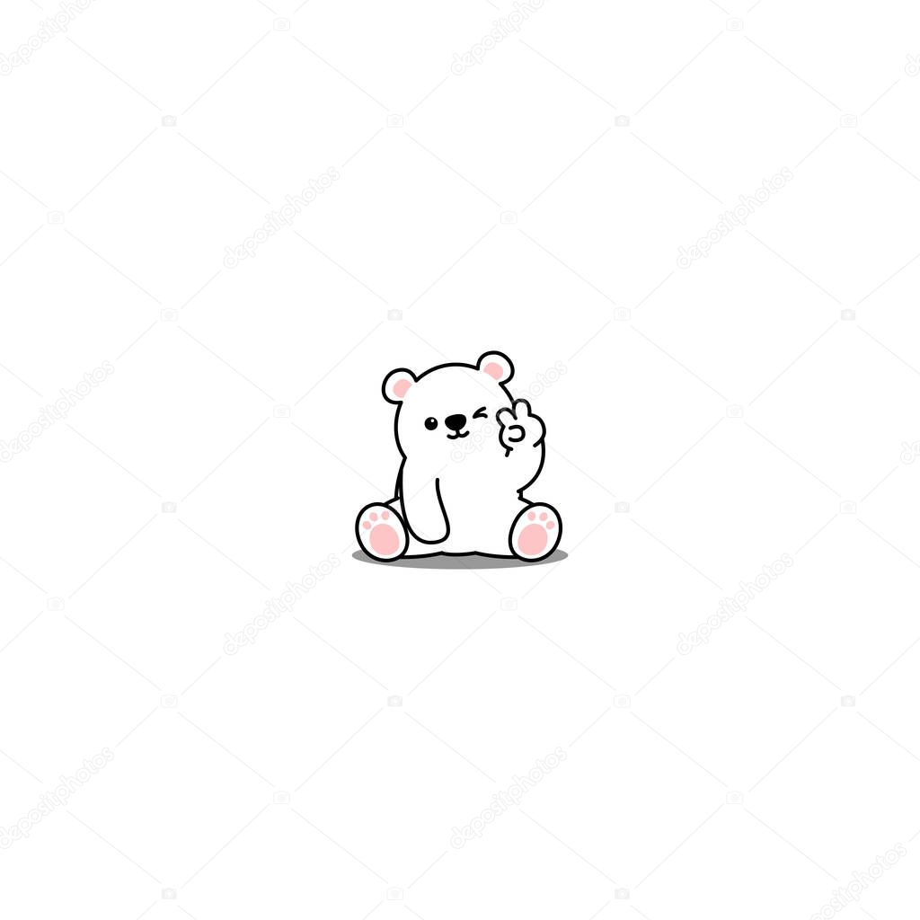 Cute polar bear showing V sign hand and winking eye cartoon icon, vector illustration