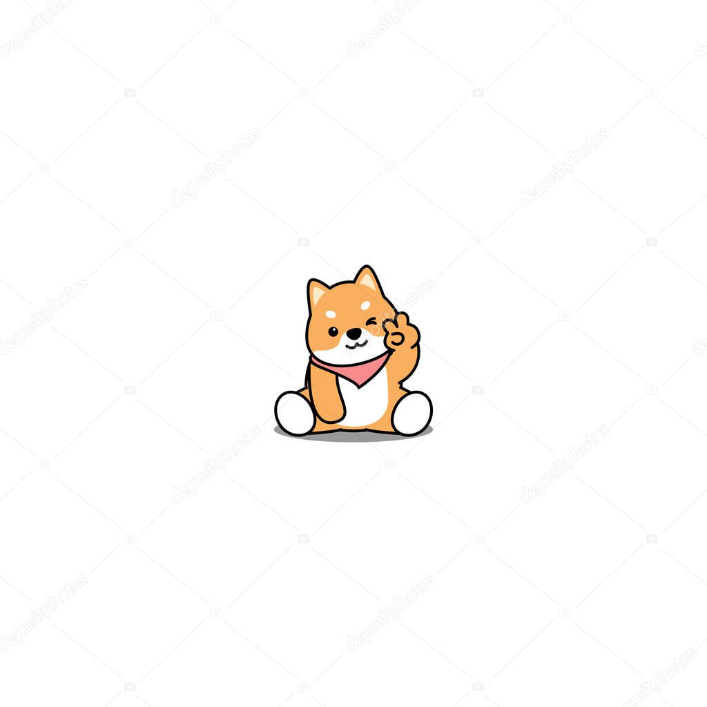 Cute shiba inu dog showing V sign hand and winking eye cartoon icon, vector illustration