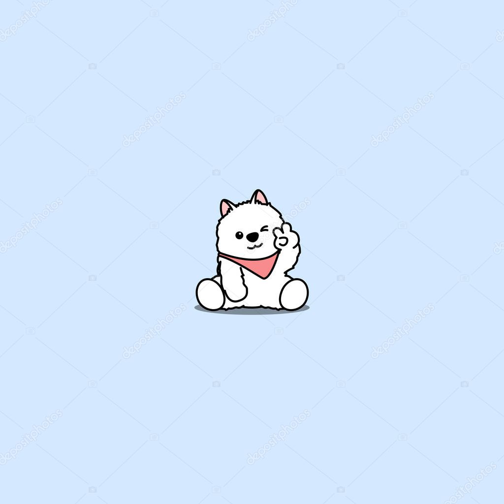 Cute samoyed puppy showing V sign hand and winking eye cartoon icon, vector illustration