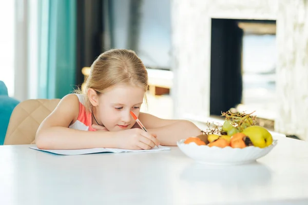Little Girl Table Notebook Doing Homework — Stock Photo, Image