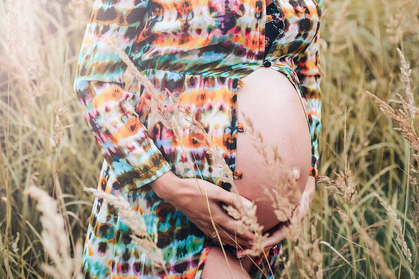 Portrait Tendre Ventre Enceinte Une Fille Dans Nature — Photo