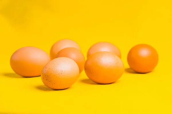 Close Six Fresh Village Eggs Yellow Background — Stock Photo, Image