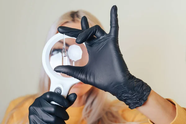 Woman Carefully Examines Medicine Capsule Magnifying Glass Concept Correct Choice — Stock Photo, Image