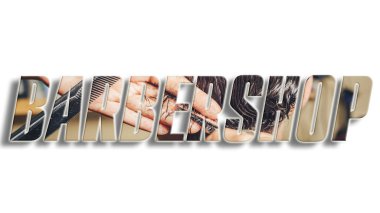 Berber dükkanı - 3D metin. Tebrik kartlarınız, el ilanlarınız, davetiyeleriniz, posterleriniz, broşürleriniz, afişleriniz için yaratıcı tasarım.