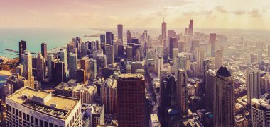Chicago Cityscape havadan görünümü günbatımı sırasında Panoraması