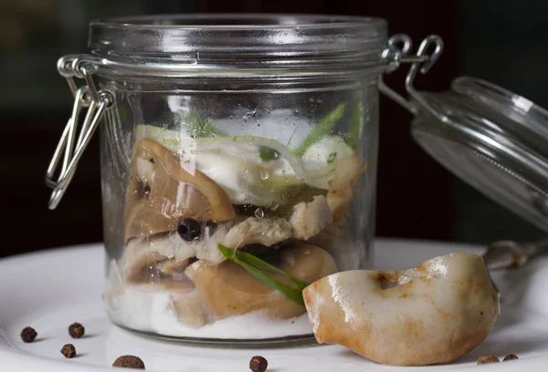 Солоні молочні гриби в скляній банці Ліцензійні Стокові Фото