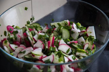 Bahar salatası, taze sebze ve otlar, turp, salatalık, maydanoz