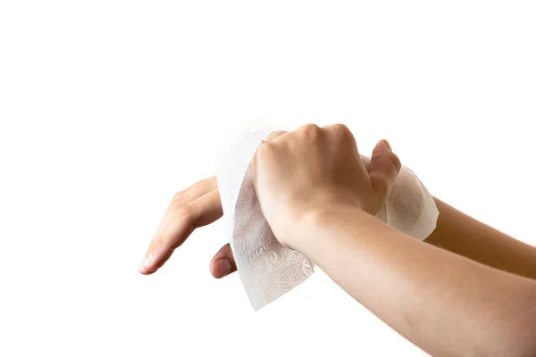 Wipe Disinfect Clean Hands Damp Cloth White Background — Stock Photo, Image