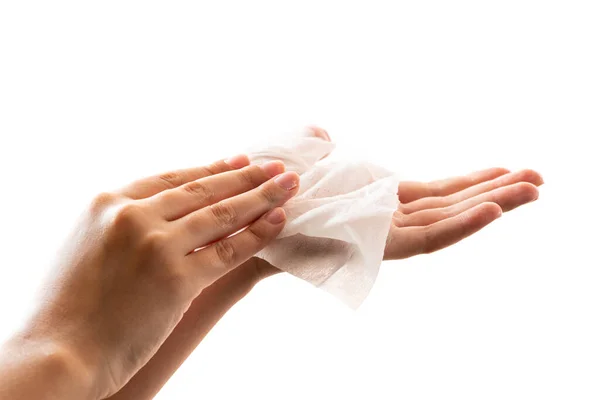 用湿布在白底上擦拭 消毒或清洁双手 — 图库照片