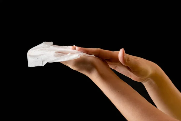 Spraying Antiseptics Hands Disinfection Black Background — Stock Photo, Image