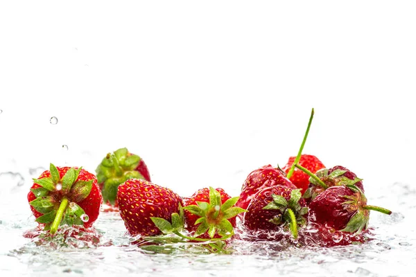 Frische Rote Erdbeeren Isoliert Auf Weißem Hintergrund Gischt Und Wasserstrahl — Stockfoto