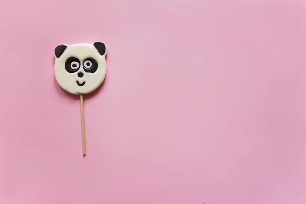 Милый панда леденец на розовом фоне — стоковое фото
