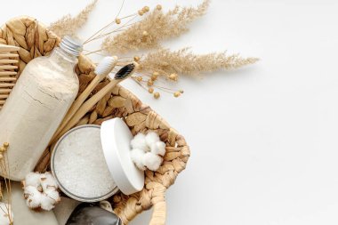 Body scrub, beech toothbrushes, sea bath salt,two types of soap,wooden hair comb and other spa objects