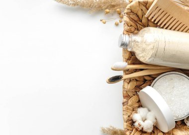 Body scrub, beech toothbrushes, sea bath salt,two types of soap,wooden hair comb and other spa objects