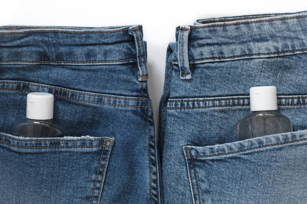 Pequeño Desinfectante Manos Antibacteriano Portátil Jeans Bolsillo Lleve Consigo Artículos — Foto de Stock