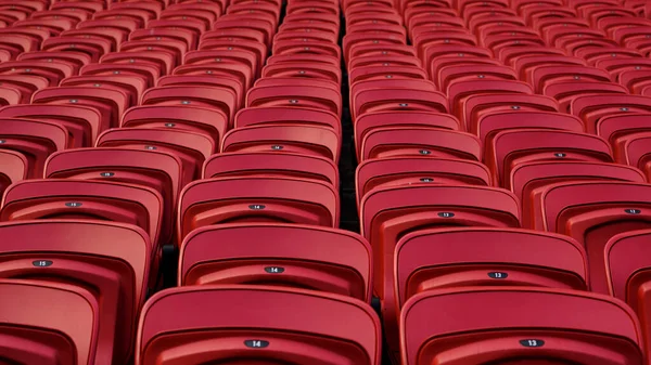 Leere Rote Plastiksitze Einem Leeren Stadion Viele Leere Zuschauerplätze Auf — Stockfoto