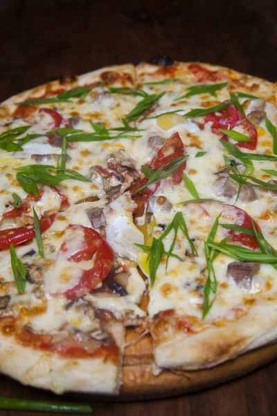 Pizza met aubergine kaas en groene ui — Stockfoto