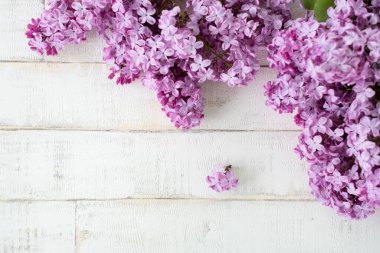 Açık arkaplanda bir ağacı taklit eden parlak, mor bir leylak. Ahşap zemin, dallar ve arka planda duran leylak çiçekleri. Dekor için fotofon