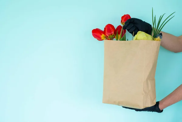Turkuaz arka planda, siyah steril eldivenli bir el kırmızı lale ürünleri ve yeşil soğanlı bir kese kağıdı tutuyor. Ev teslimatı karantina altında. Çevre dostu ambalaj