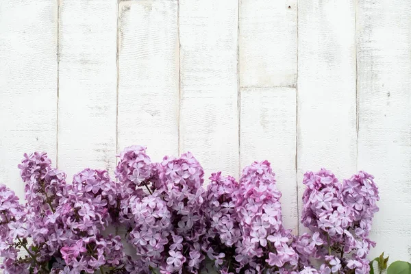 Açık arkaplanda bir ağacı taklit eden parlak, mor bir leylak. Ahşap zemin, dallar ve arka planda duran leylak çiçekleri. Dekor için fotofon