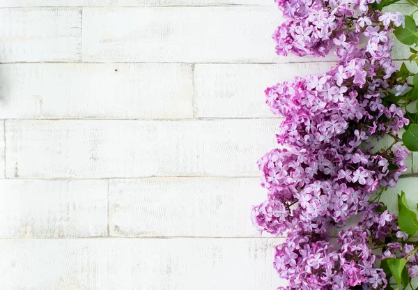 Açık arkaplanda bir ağacı taklit eden parlak, mor bir leylak. Ahşap zemin, dallar ve arka planda duran leylak çiçekleri. Dekor için fotofon