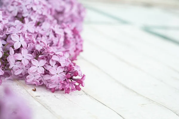 Açık arkaplanda bir ağacı taklit eden parlak, mor bir leylak. Ahşap zemin, dallar ve arka planda duran leylak çiçekleri. Dekor için fotofon