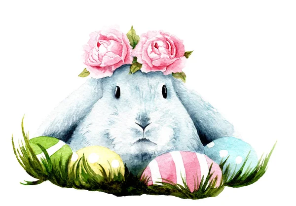 Dessin Aquarelle Lapin Pâques Avec Des Fleurs Des Œufs — Photo