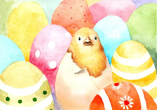 watercolor drawing of Easter chicken and eggs