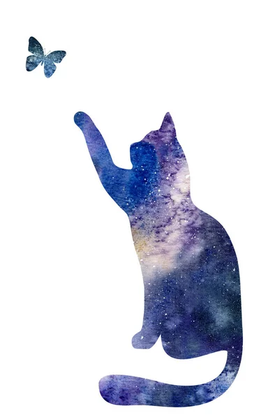 çizim alanı içinde bir kedi ve bir kelebek suluboya