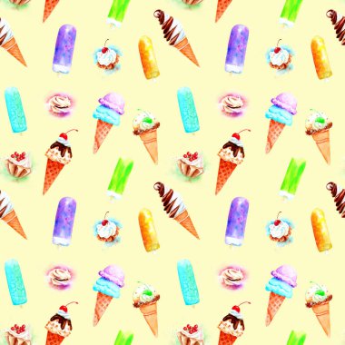 Çizim dondurma ve pasta, seamless modeli suluboya