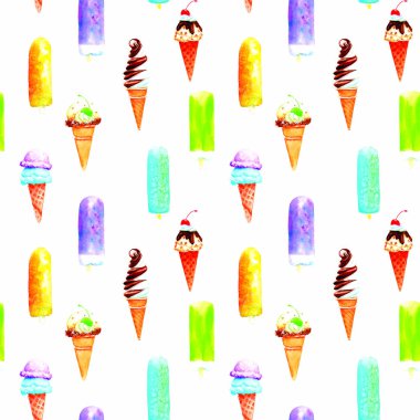 Çizim dondurma ve pasta, seamless modeli suluboya